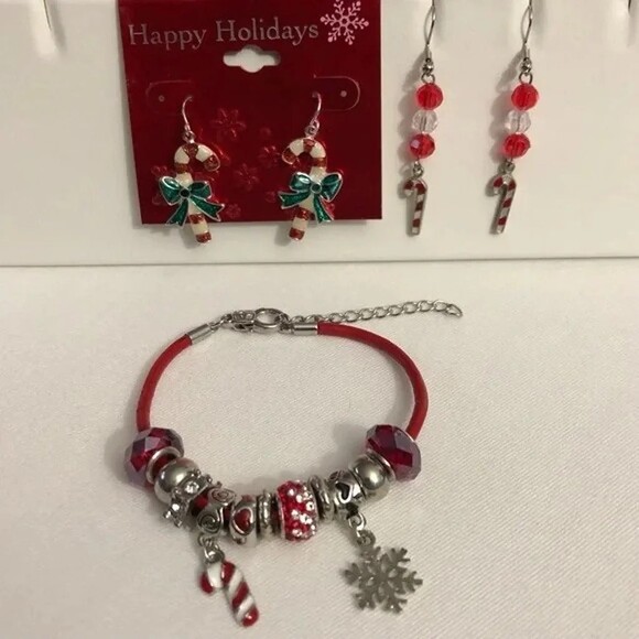 Candy Cane Bracelet & Earrings 2 Pairs - Picture 1 of 10
